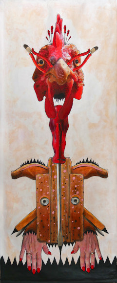 "Handwerks-G.Selle Huhn" Collage/Malerei auf Leinwand © GINE SELLE 2024