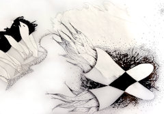 Ausschnitt aus der "Meer-Meterrrolle" - Tusche, Filzstift, Acryl, Bleistift auf &asymp; 15 m Pergamentrolle (C) GINE SELLE 2026