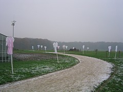 Installation Wir alle sind Engel, 30 Stück auf dem Schultenhof, Dortmund 2004 © Gine Selle